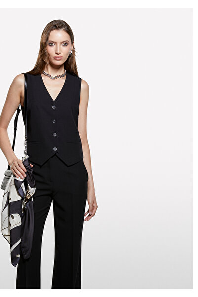 Sisley Дамска черна жилетка от вискозна смес с копчета отпред, подплатена, с ...