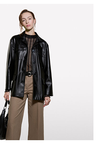 Sisley Women's Brown Cotton Blend Wide Leg Fit Stretch Gabardine Trousers