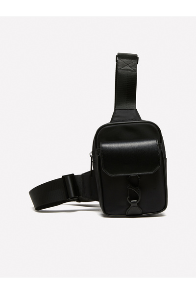 Sisley Men's black eco-leather logo detailed metal zipper crossbody bag