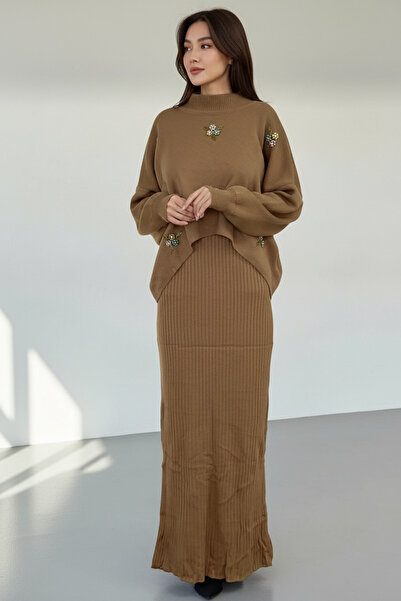 NEWCO Floral Stone Embroidered Maxi Dress and Bolero Two Piece Knitwear Set