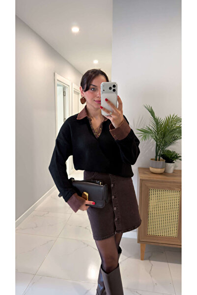 BİRCANÇİL Tolunay Black Coffee Collar Knitwear with Denim Detail