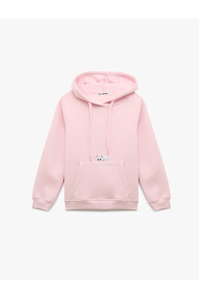 Koton Mânecă lungă cu glugă cu buzunar cangur pisică cu imprimeu Swea tricou