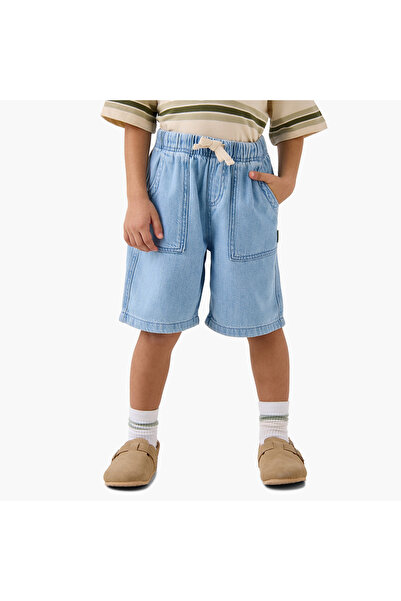 Lee Cooper Solid Denim Shorts with Drawstring Closure and Pockets