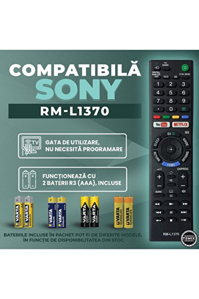 temix Telecomanda compatibila Sony, RM-L1370, TEMIX®, neagra, baterii incluse