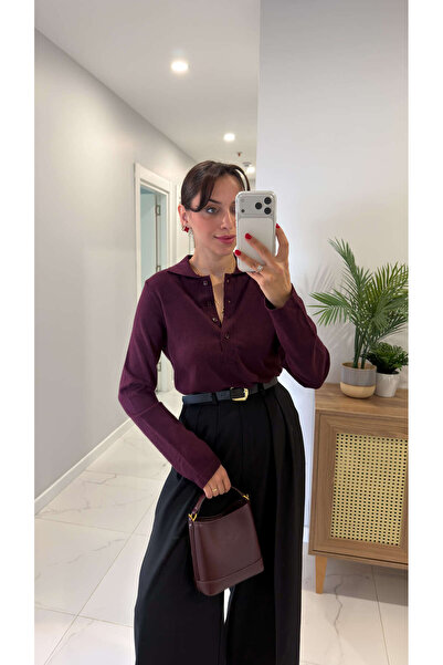 BİRCANÇİL Md Hunay Burgundy Polo Collar Buttoned Knitwear