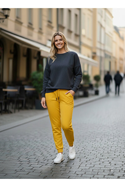 NEW JOURNAL Kadın Hardal 2 İplik Yüksek Bel Jogger Eşofman Altı NJ15