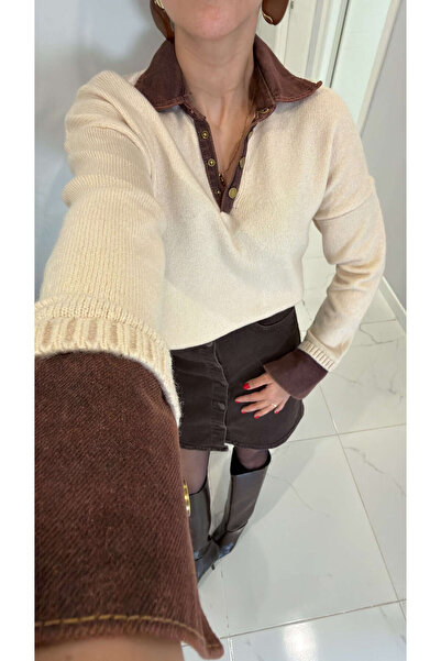 BİRCANÇİL Tolunay Vanilla Brown Collar Jeans Detailed Knitwear