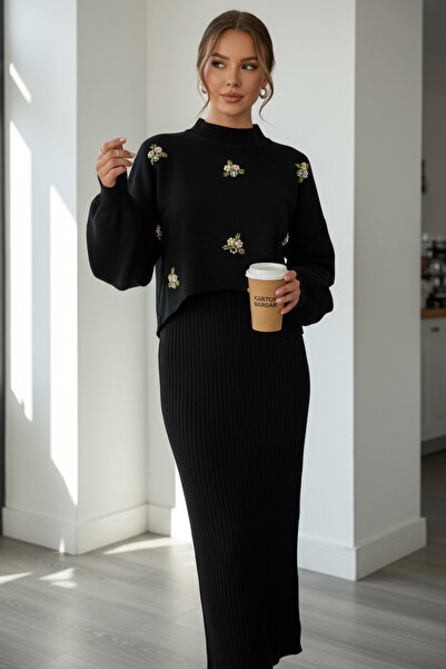 NEWCO Floral Stone Embroidered Maxi Dress and Bolero Two Piece Knitwear Set