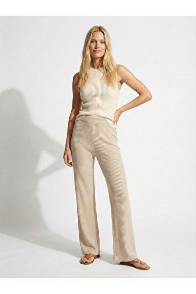 NEW JOURNAL Pantaloni de damă bej cu textură moale cu talie elastică talie în...