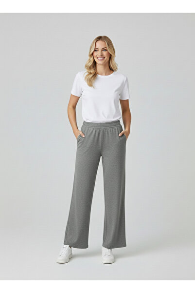 NEW JOURNAL بنطال رياضي نسائي رمادي اللون بخصر عالٍ بخيطين NJ31