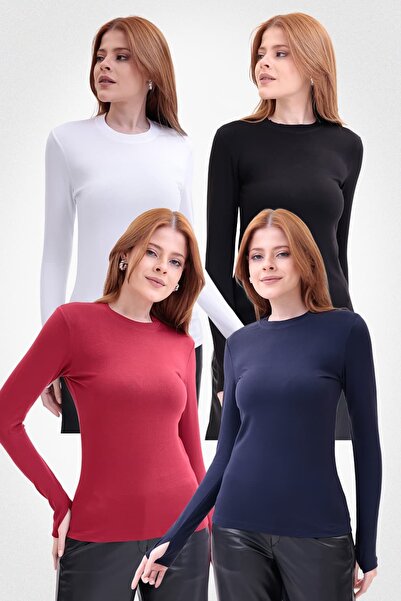 Yade Fashion Parmak Detaylı Bisiklet Yaka Body 4'lü Set