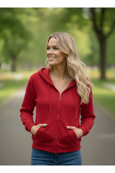 NEW JOURNAL Kadın Kırmızı 2 İplik Fermuarlı Kapüşonlu Kısa Sweatshirt NJ35