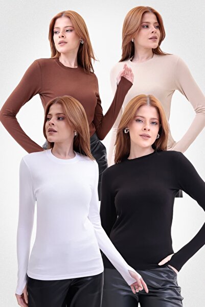 Yade Fashion Parmak Detaylı Bisiklet Yaka Body 4'lü Set