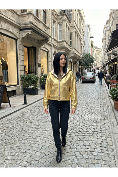 NEW JOURNAL Kadın Gold Metalik Deri Görünümlü Fermuarlı Kapüşonlu Kısa Ceket ...