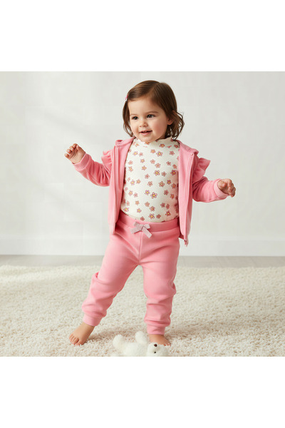 Juniors Floral Print T-shirt with Sweatshirt and Joggers Set