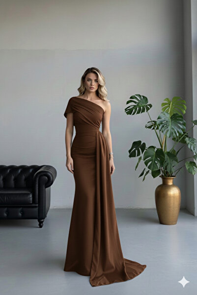 Alfudo Ewo Kuyruklu Tek Omuz Mavi Abiye Elbisesi