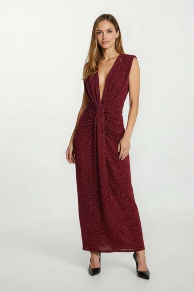 Spazio Finsches Omuz Pileli Önü Derin V Taşlı Uzun Abiye Elbise BORDO