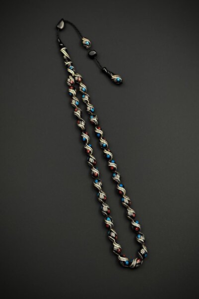 FRNCH 925 Ayar Gümüş İşlemeli Oltu Taşlı Kırmızı-Mavi Renk Tesbih FRJ80004-10...