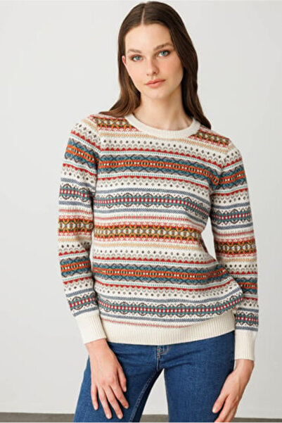 Desen Women's Crew Neck Complete Jacquard Wool Sweater 25Kdsn25100