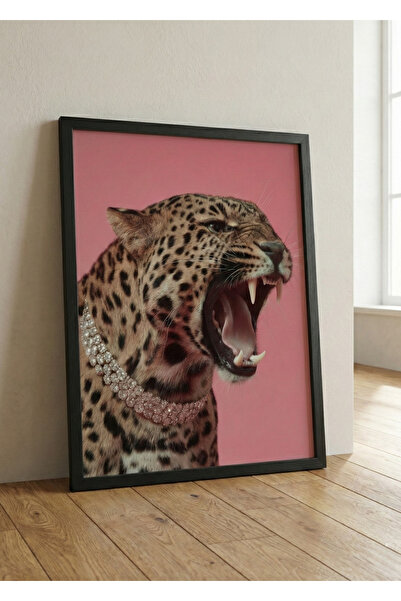 Dekor Paleti Pembe Leopar Pırlanta Kolyeli Çerçeveli Tablo - Modern Pop Art D...