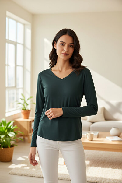 RANDOM تي شيرت نسائي محبوك بأكمام طويلة ورقبة على شكل حرف V