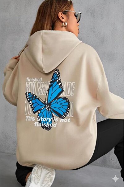 NO 601 Women's Beige Back Lettering Butterfly Printed Hooded Sweatshirt