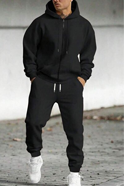 NO 601 Men's Black Full Zip Hooded Cardigan Black Sweatpants Set