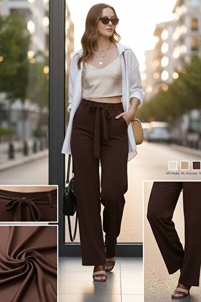 vynor atelier Kadın Premium Kumaş Pantolon - İpeksi Dokulu Yüksek Bel Geniş P...