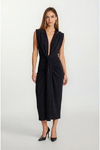 Spazio Donatino Omuz Pileli Önü Derin V Taşlı Uzun Abiye Elbise SİYAH