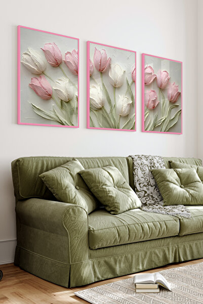 kutuTR Pembe Renkli Ahşap Çerçeveli 2DUV Baskı 3’lü MDF Tablo-Pembe ve Krem L...