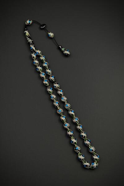 FRNCH 925 Ayar Gümüş İşlemeli Oltu Taşlı Yeşil-Mavi Renk Tesbih FRJ80004-104-MY