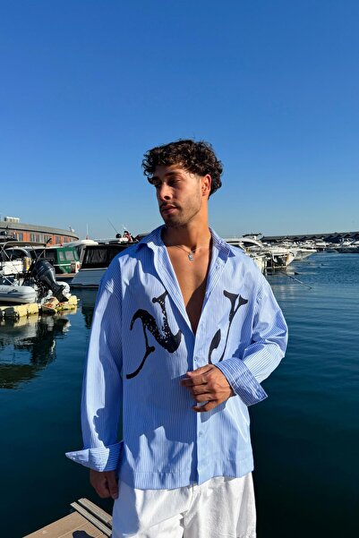 Flaw Wear قميص مخطط Ny مطبوع قصة فضفاضة باللون الأزرق