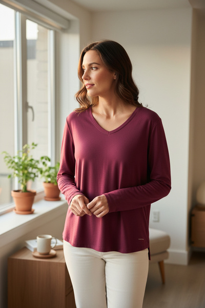RANDOM Women's Knitted Long Sleeve V-Neck T-Shirt