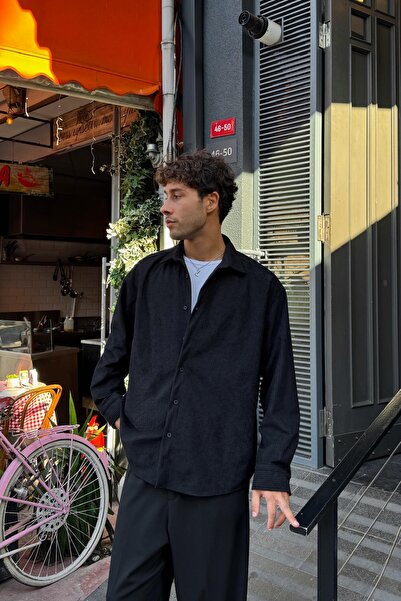 Flaw Wear Corded Fabric Velvet Oversized Shirt Black