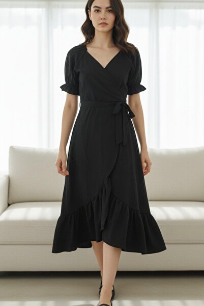 Mossta Double-Breasted Collar Long Trikoton Dress - Black