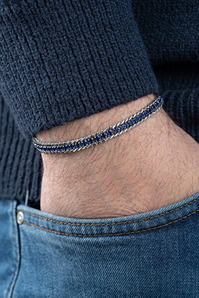 FRNCH 316L Çelik ve Lacivert Zirkon Taşlı Lacivert Renk Erkek Bileklik FRJ127...