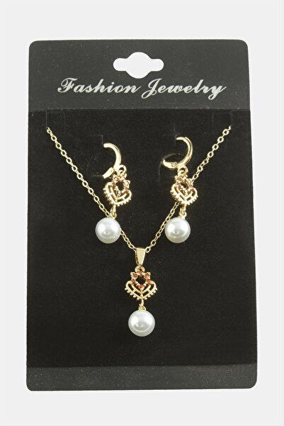 ZERO LAND Drnds Heart Pearl Zircon Stone (101110) Set Necklace-Red