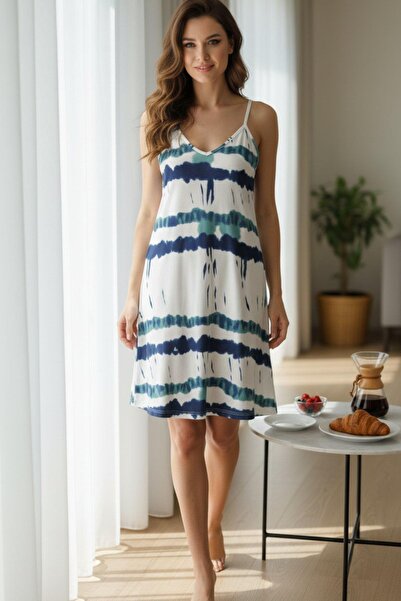 Mossta Patterned Strap V-Neck Short Single Jersey Dress - Blue