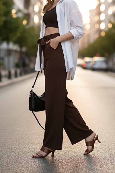 vynor atelier Pantaloni de damă - Pantaloni maro cu picioare largi Y talie în...