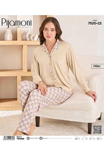 Pijamoni Kadın Milan Kumaş Uzun Kollu Düğmeli Pijama Takımı