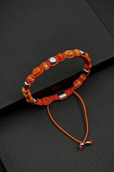 FRNCH Varisit Doğal Taşlı Turuncu Renk Makrome Erkek Bileklik FRJ12739-3739-T