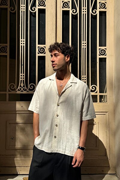 Flaw Wear Apaş Yaka Оверсайз риза с къс ръкав, бежова