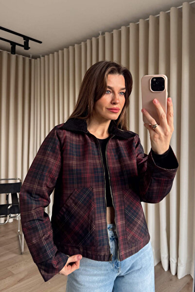 Sue Store Brown Red Plaid Lined Velvet Collar Jacket