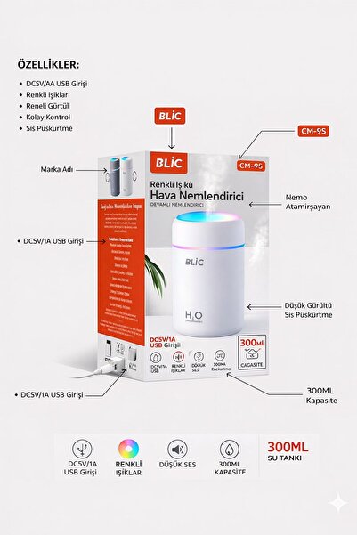 Blic Al-NET 300mL Kapasiteli RGB Aydınlatmalı Hava Nemlendirici