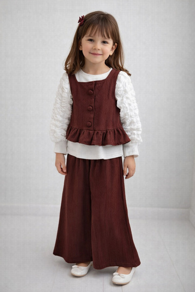 ÖZNUR Kız Çocuk kahverngi Yelekli Takım (Bluz + Pantolon)