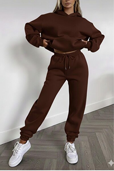 CAST COLLECTİON Women's Brown Hooded Sweat Tracksuit Bottom Set