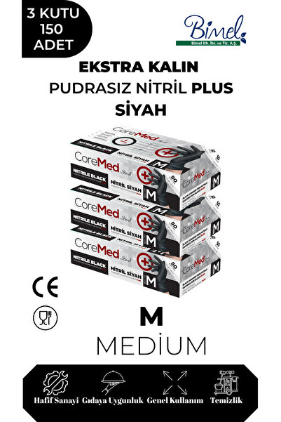 COREMED Ekstra Kalın Nitril Siyah Plus Muayene Eldiveni M - 3 Paket 50'li