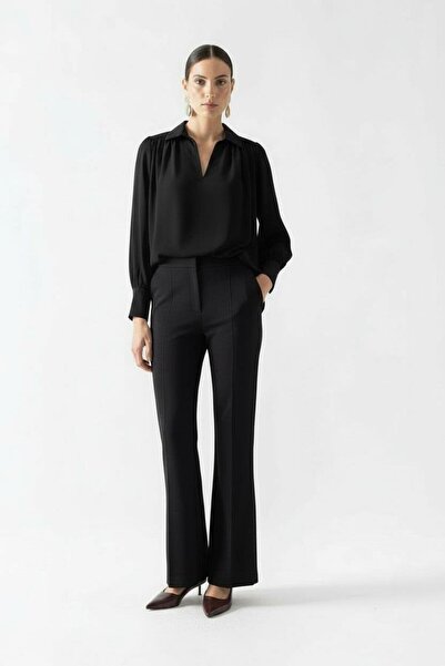 Spazio Drusiano Erkek V Yaka Kollar Şifon Fiyonk Aksesuar Detaylı Gömlek SİYAH