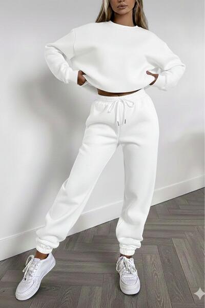 CAST COLLECTİON Women's White Crew Neck Sweatpants Set