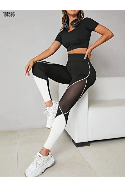 Viyamo Kadın Fitness Günlük Kullanım Yüksek Bel Yan Tül Detaylı Tayt